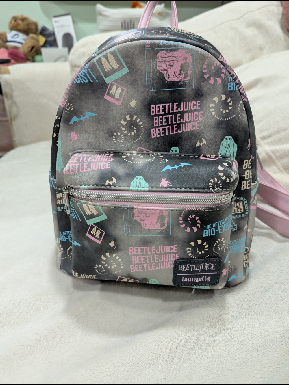 Loungefly Beetlejuice Mini Backpack - Black with Pink & Teal Print